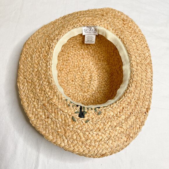 SCALA Collection Floral Embroidered Straw Sun Hat Woven Tan Garden Coastal - Picture 7 of 9